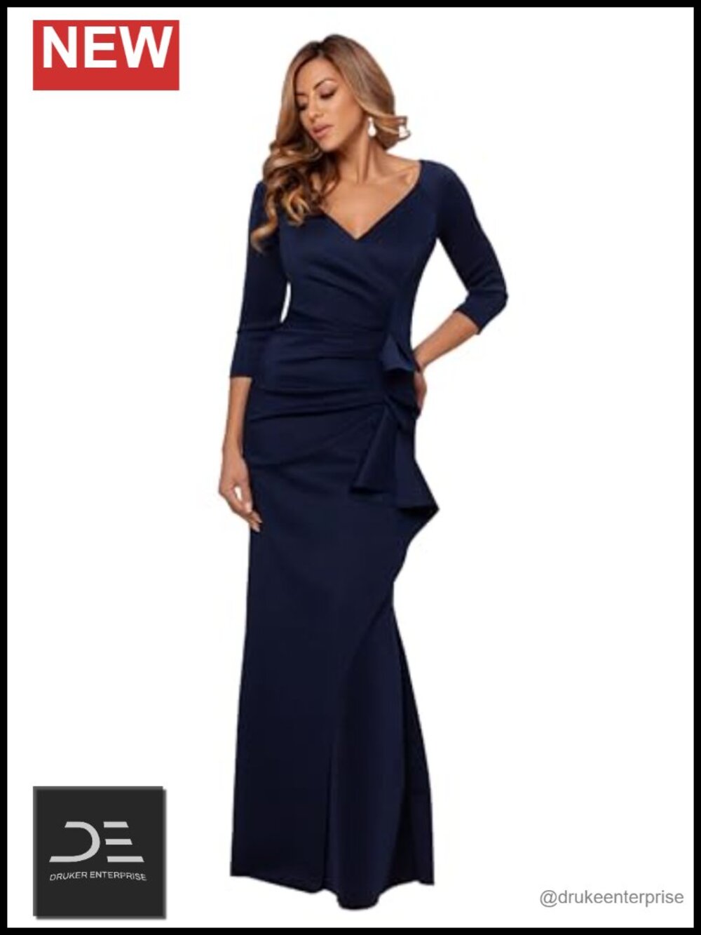 Floor Length Bodycon Evening Gown with 3/4 Sleeves & Ruffle Detail